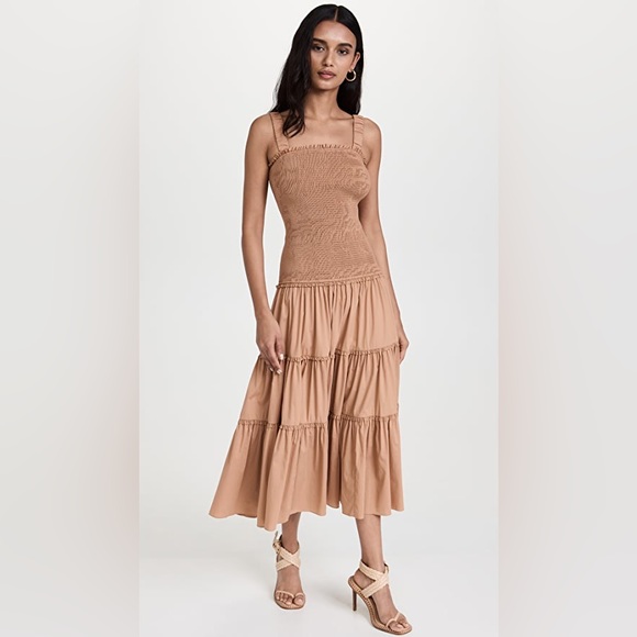 NWT Cinq à Sept Rina Smocked Tiered Midi Dress in Sahara - Picture 2 of 13